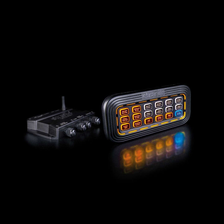 Cruise Light wireless controller and relay box with illuminated buttons on black background