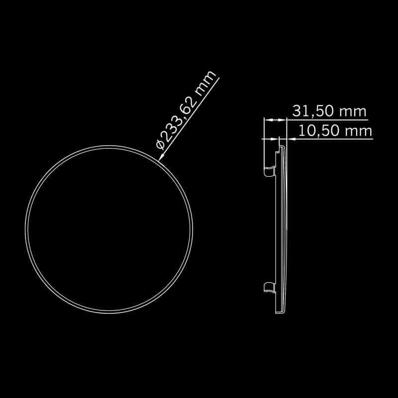 Technical drawing of the round yellow lens cover with measurements