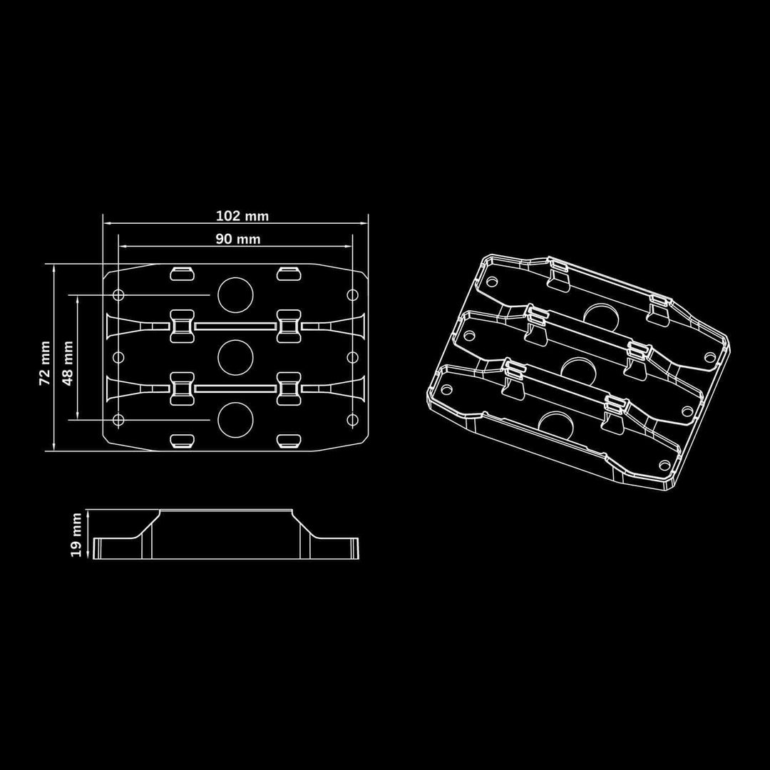 Technical drawing of Firefly triple mounting bracket with dimensions
